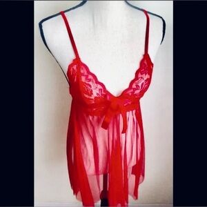 Red Lace Sheer Lingerie Dress: Mesh Chemise w/ Thong: Empire Wst, Bow Tie, Sz. S